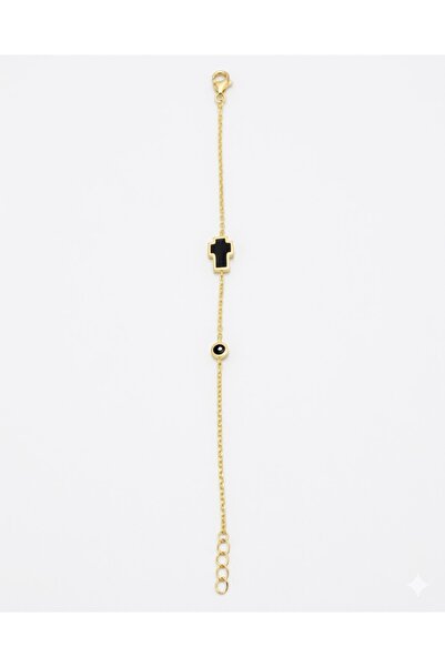 Peach Jewelry PeachJewelry Βραχιόλι Σταυρός Μαύρο Ασήμι 925 Επιχρυσωμένο 18Κ