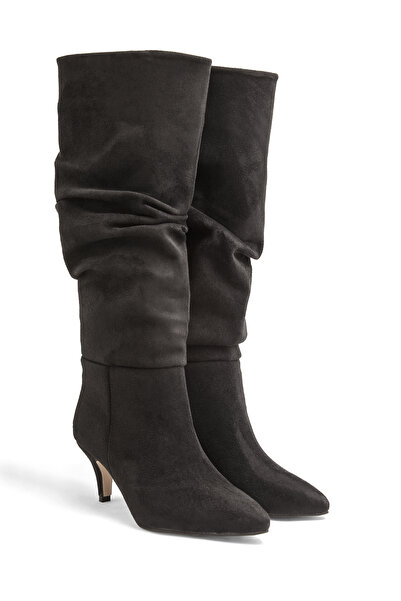 RoseVeno Women's Black Suede Drawstring Heeled Pointed Boots