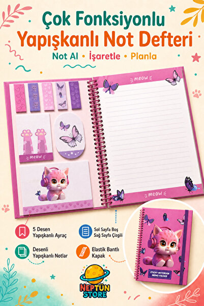 neptünstore Sevimli Kedi Desenli Çok Fonksiyonlu Yapışkanlı Defter A5 – Posti...