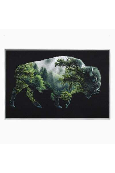 Luxcanva Tablou Canvas Bizonul Padurii 70x50 cm cu Rama Argintiu Bizon Padure...