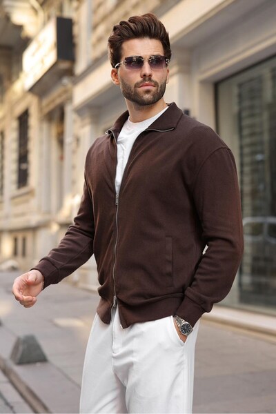Madmext Acı Kahve Men's Knitwear Cardigan with Stand Collar and Double Zipper...