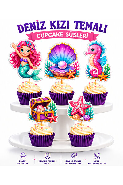 telaşe memuru 10 Adet Deniz Kızı Temalı Premium Cupcake Süsü - Deniz Kızı Tem...