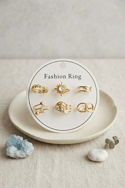 Lisinya Gold Color Brass Sun Detailed Ring Set of 6 Byk4313