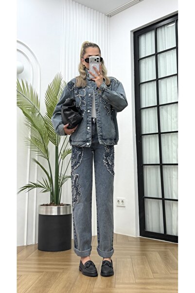 R-Style Oversize Nakışlı Denim Ceket Jean Takım