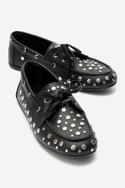 LuviShoes HYDE Siyah Cilt Hakiki Deri Troklu Bağcıklı Kadın Loafer Ayakkabı