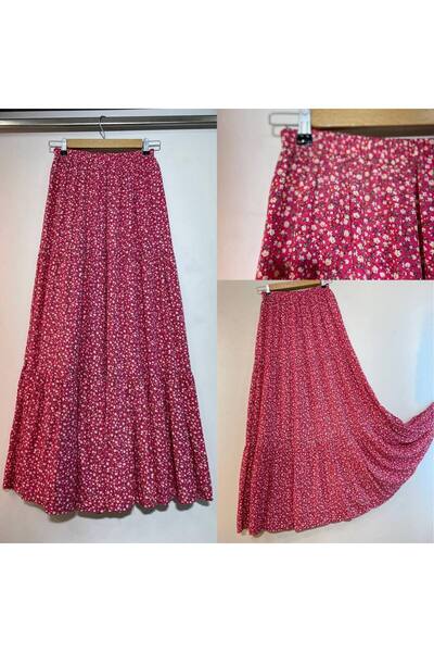 inci wears Women's Pink Multi-Colored Crispy Floral Patterned Long Skirt with Elastic Waist