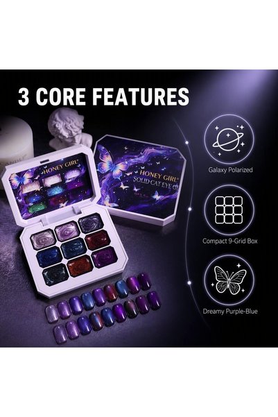 HONEY GIRL 9 Colors Professional Vegan Eco-friendly Cat Eye Effect French UV Gel Nail Polish, 9-Grid Magnetic Gel Palette for Tapping Application, Designer