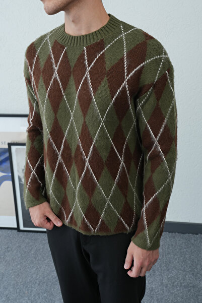 İLKCET MODA Men's Diamond Patterned Oversized Fuzzy Sweater