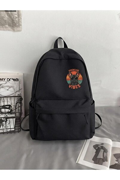 nesebutik Dog-Themed Black Backpack - Teen School and Laptop Bag with French ...