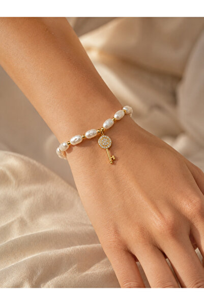 Beatis Baroque Pearl Beaded Minimal Zircon Stone Key Detailed Gold Women's Br...