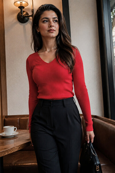 armonika Bluză de damă roșie cu decolteu în V din tricot din Lycra ARM-27K069002