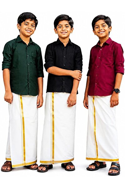 Generic Boys' Premium Cotton White Kasavu Dhoti with Elegant Golden Zari Bord...