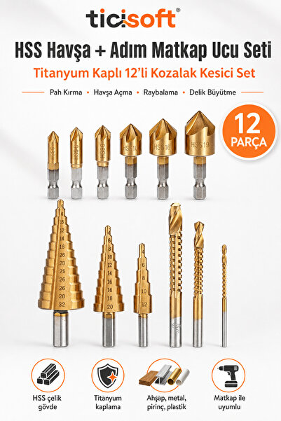 Ticisoft 12 Parça HSS Titanyum Kaplı Havşa ve Adım Matkap Ucu Seti Pah Kırma ...