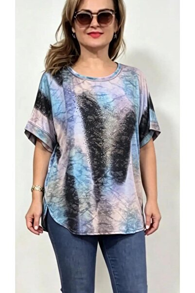 Nihal Mc Grath Büyük Beden Batik Geçişli Taşlı Bluz