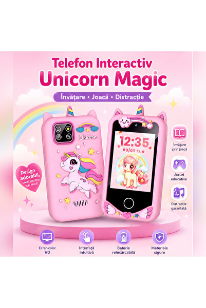 FAMIFY Smartphone pentru copii Roz Unicorn cu cameră duală, ecran IPS de 2.8 inch, jocuri educative