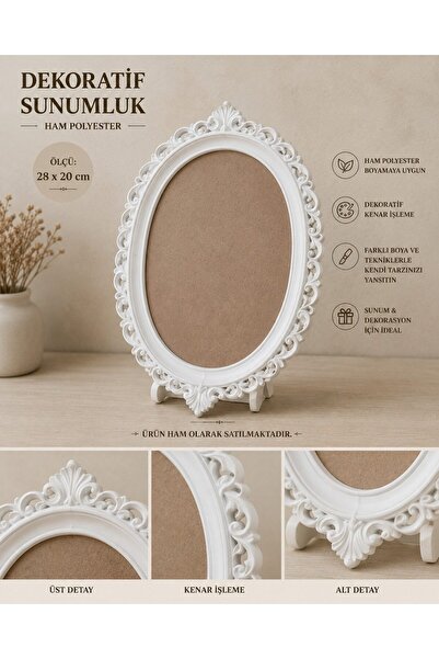 Eymen Hobi 28X20 cm Oval Decorative Raw Polyester Presentation Plate with Stand