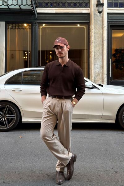Livio Ferri Arco Premium Dokulu Triko Düğmeli Polo Yaka Uzun Kollu Erkek Kazak