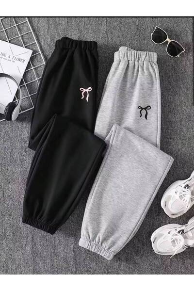 MORNİNG KİDS Girl's 2-Pack Bow Printed Sweatpants (Black-Grey)