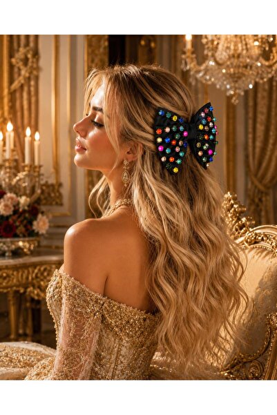 İnDerin Special Design Large Bow Hair Clip with Colorful Stones – Black