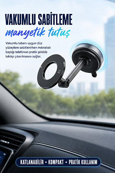 AutoFresh Vakumlu Manyetik Araç İçi Telefon Tutucu 360° Döner Katlanabilir MagSafe Uyumlu Siyah