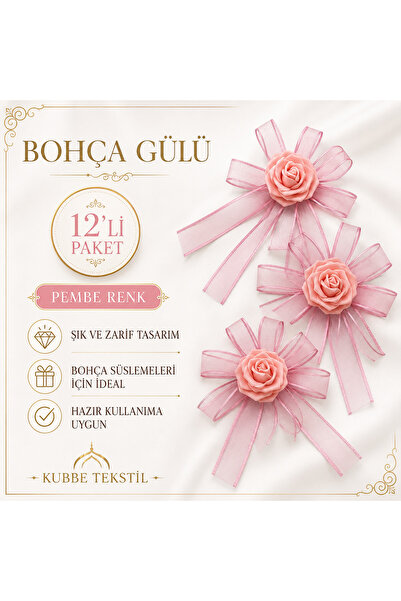 kubbe tekstil aksesuar 12’li Pembe Bohça Gülü – Hazır Kurdeleli Dekoratif Süs...