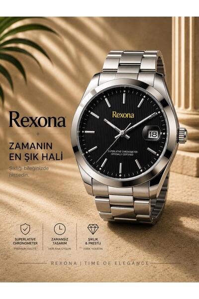 Rexona Men's Wristwatch - Black Dial Steel Band 42 mm with Calendar Display