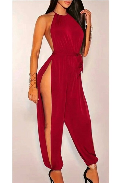 Rosy Live in style Red Shalwar Jumpsuit with Deep Side Slits