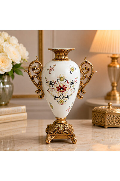 Grecia Vază decorativă, ornament elegant alb-auriu cu motive florale