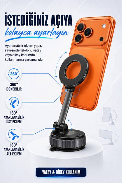 AutoFresh Vakumlu Manyetik Araç İçi Telefon Tutucu 360° Döner Katlanabilir MagSafe Uyumlu Siyah
