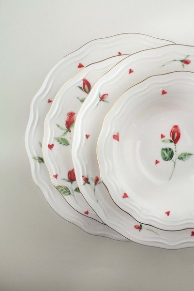 Bursa Porselen Dekor Red Rose Gold Gilded 4-Piece Porcelain Cake Plate