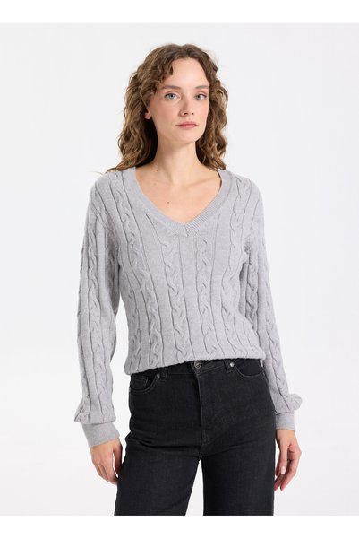JEEP Gray Women's V-Neck Basic Cable Knit Sweater J5WL-KZK7129