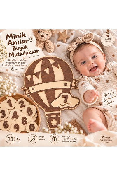 TİNY WONDERS TOY STORE Bebek Aylık Anı Kartı 1-12 Ay Balon Model Değiştirilebilir Rakamlı Ahşap Fotoğraf Çekim Seti