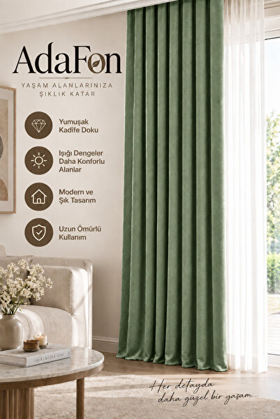 DEVRİM OLİVYA TEKSTİL Green Adafon Soft Velvet Textured Cornice Stylish Decor...