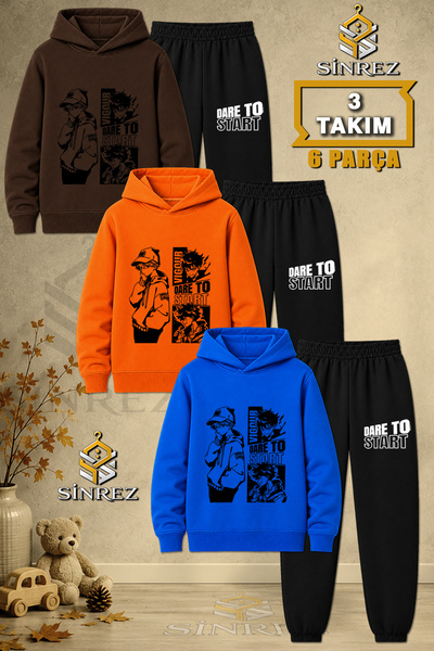 SİNREZ Çocuk Unisex 3LU Dare To Start Siyah Baskılı Kapşonlu Eşofman Takımı