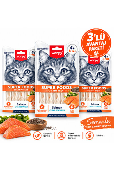 Wanpy Super Foods Somonlu Chia ve Deniz Yosunlu Kedi Ödül Maması 70 Gr x 3 Ad...