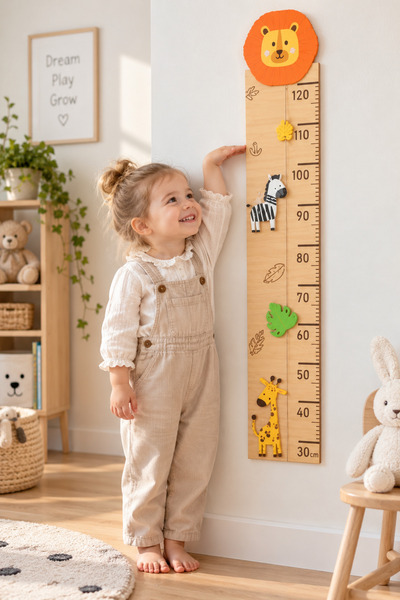 Çocuk Boy Ölçer Ahşap Duvar Boy Ölçüm Cetveli Aslan ve Hayvan Figürlü Çocuk Odası Dekoru 30-120 cm