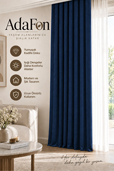 DEVRİM OLİVYA TEKSTİL Navy Blue Adafon Soft Velvet Textured Cornice Stylish D...