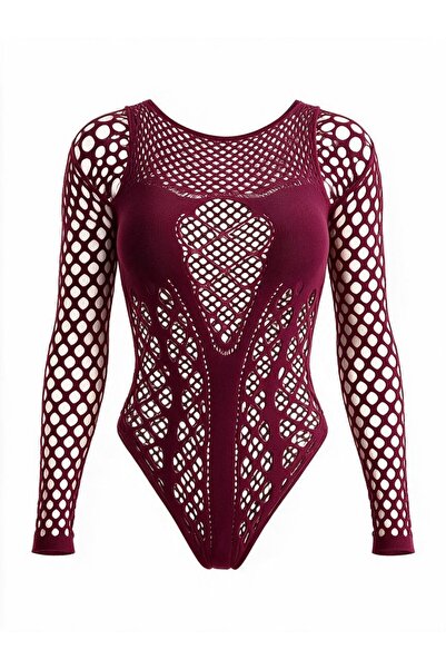 Generic Brand Women’s Burgundy Openwork Cut-Out Cold Shoulder Long Sleeve Bod...