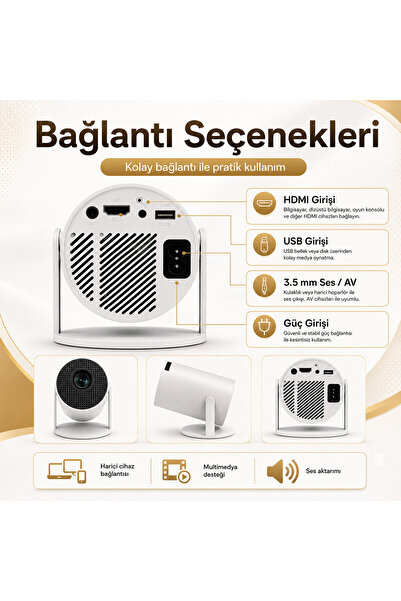 Hil Tech Eminönü Toptan Elektronik Android Projektör 1080P WiFi Kablosuz Bağlantılı 4K İçerik Destekli Taşınabilir Mini Projeksiyon Ev Sineması Ayarlanabilir Standlı