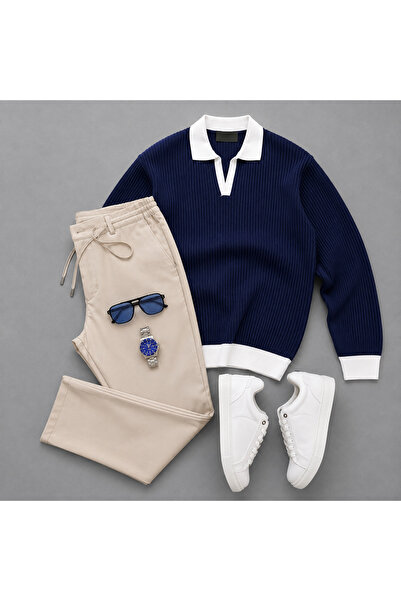 tiggir moda Polo Collar Knitwear Sweatshirt and Jogger Pants 2-Piece Combination