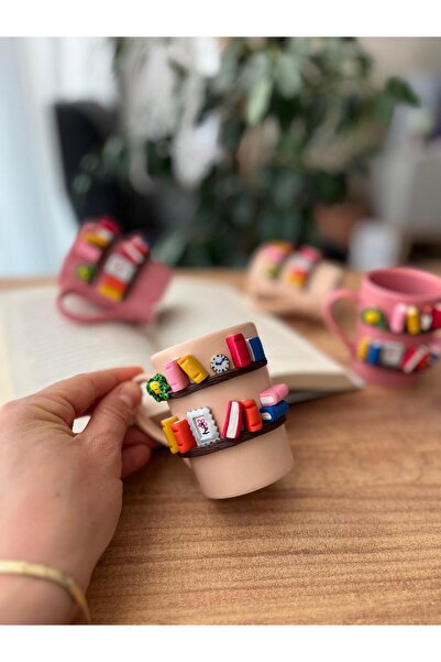 El Yapımı Kitap Temalı Kupa - Polimer Kil Dekorlu Kahve&Çay Kupası