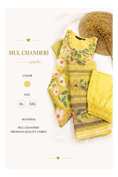 Generic Beautiful Mul chanderi Ethnic 3 piece set-Yellow XXL