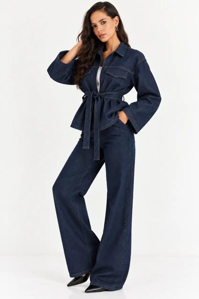 Cool & Sexy Kadın Koyu Lacivert Denim Kuşaklı Ceket & Bol Paça Jean İkili Takım