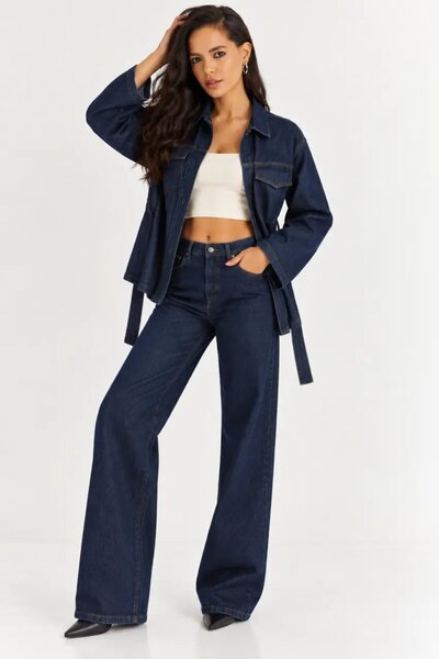 Cool & Sexy Kadın Koyu Lacivert Denim Kuşaklı Ceket & Bol Paça Jean İkili Takım