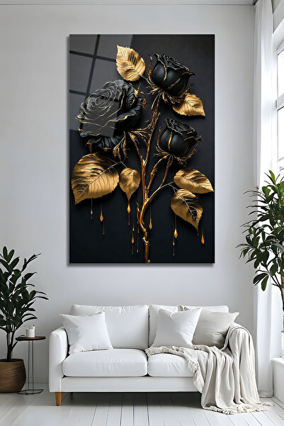 Parıltı Yayınları Lüks Siyah Gold Gül Tasarımlı Şık Temperli Modern Salon Ofi...