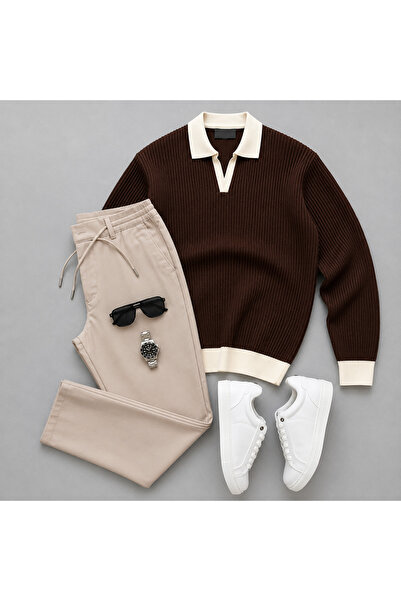 tiggir moda Polo Collar Knitwear Sweatshirt and Jogger Pants 2-Piece Combination