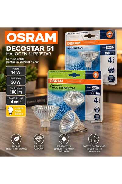 Osram Set 2 becuri halogen DECOSTAR 51 SUPERSTAR – GU5.3, 14W, echivalent 20W...