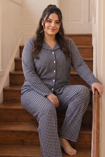 Siyah İnci Navy Blue Plaid Patterned Thermal Fabric Ultra Soft Soft Plus Size...