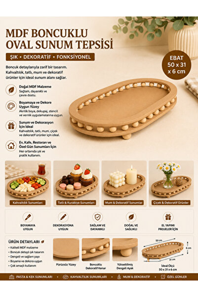 Eymen Hobi Large Oval Mdf Decorative Presentation Tray with Bead Detail 50 × ...