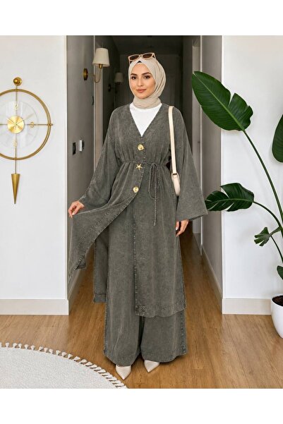pembiş tesettür Ceren Pantolonlu İkili Takım muhteşem kimono takım tensel kum...